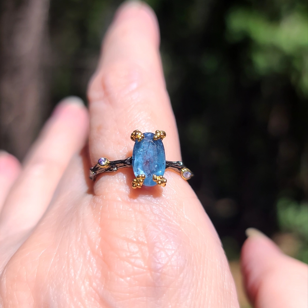 Kyanite & Amethyst elongated cushion cut STUNNING wreath sterling &gold ring sz9 - Picture 4 of 10